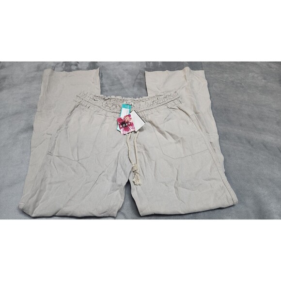 Roxy Oceanside Linen Blend Pant Women's L Stone Drawstring Beach Pants NWT - Picture 1 of 11